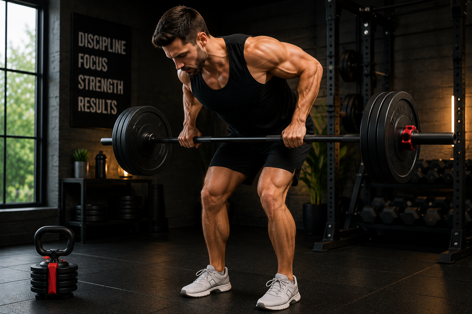 Fortira Fit adjustable dumbbell and kettlebell set in a modern home gym