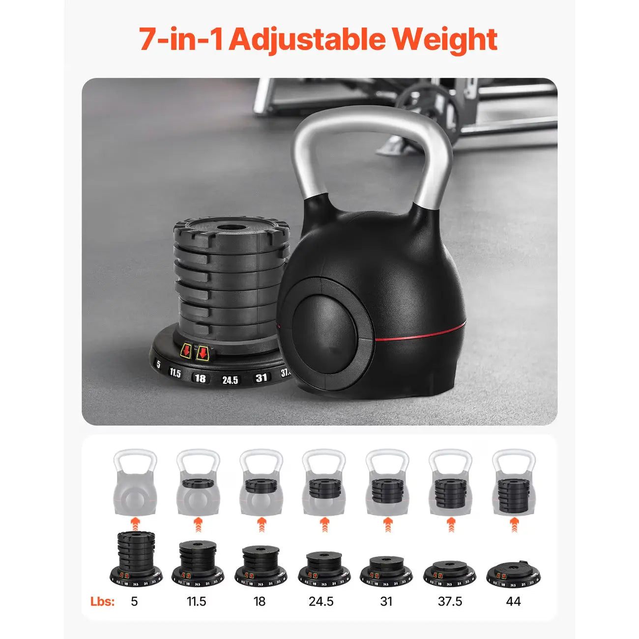 7-Level Adjustable Die-Cast Kettlebell 5–44 LB Fortira Fitness