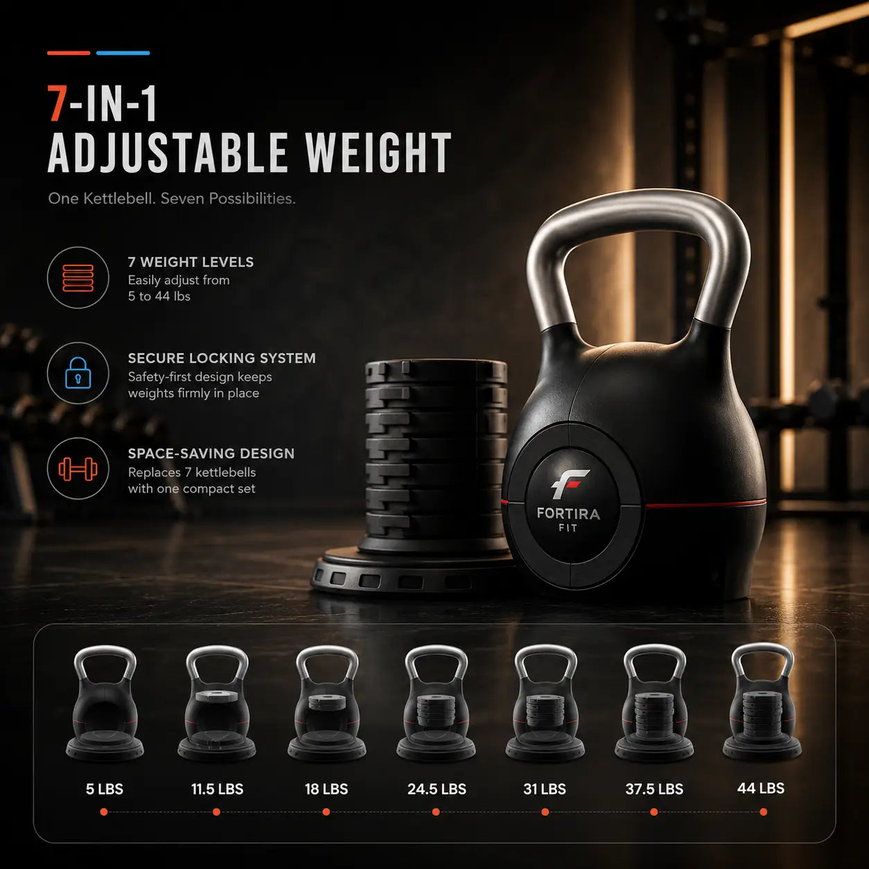 7-Level Adjustable Die-Cast Kettlebell 5–44 LB Fortira Fitness