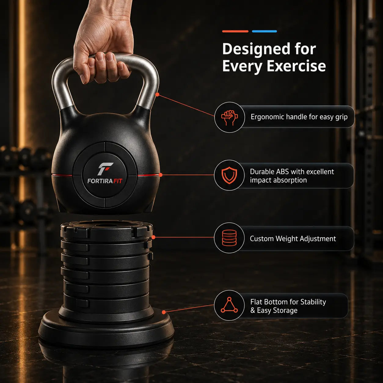 7-Level Adjustable Die-Cast Kettlebell 5–44 LB Fortira Fitness