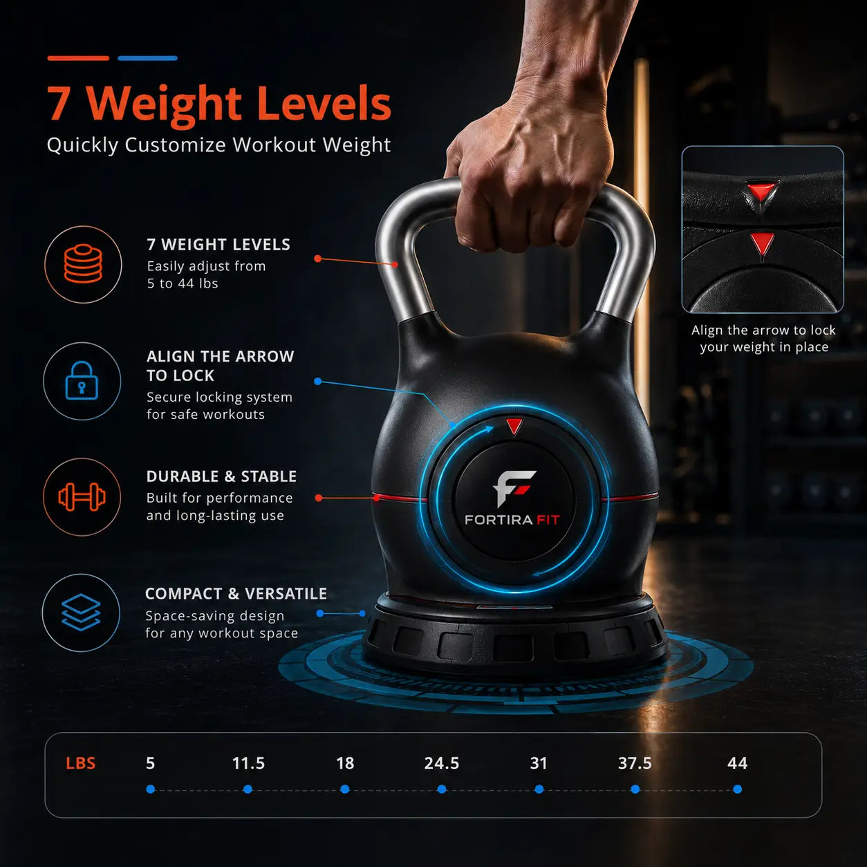 7-Level Adjustable Die-Cast Kettlebell 5–44 LB Fortira Fitness