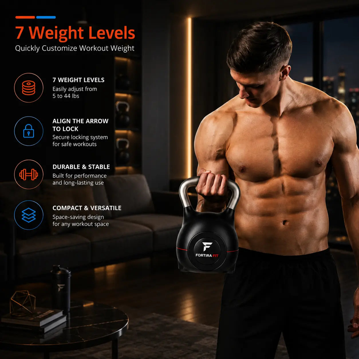 7-Level Adjustable Die-Cast Kettlebell 5–44 LB Fortira Fitness