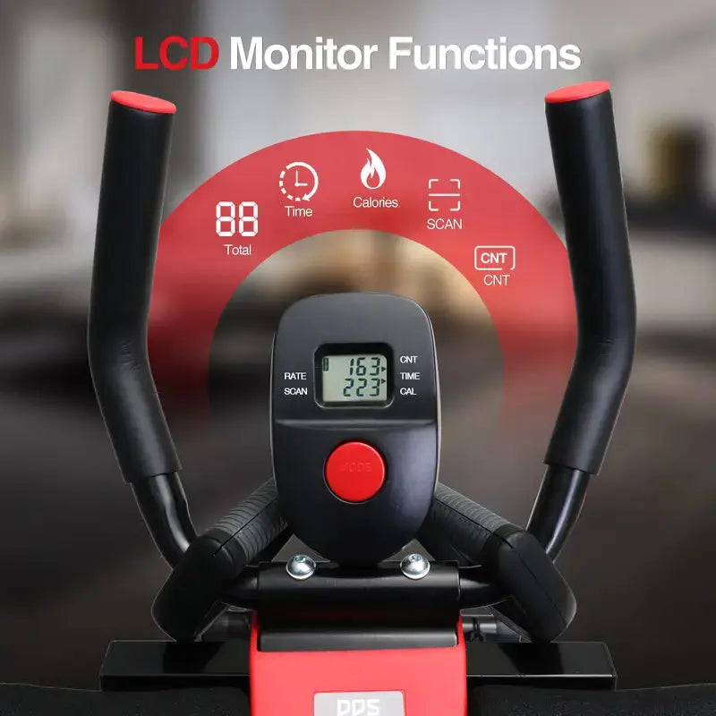 Exercise bike with LCD monitor displaying functions on a blurred background