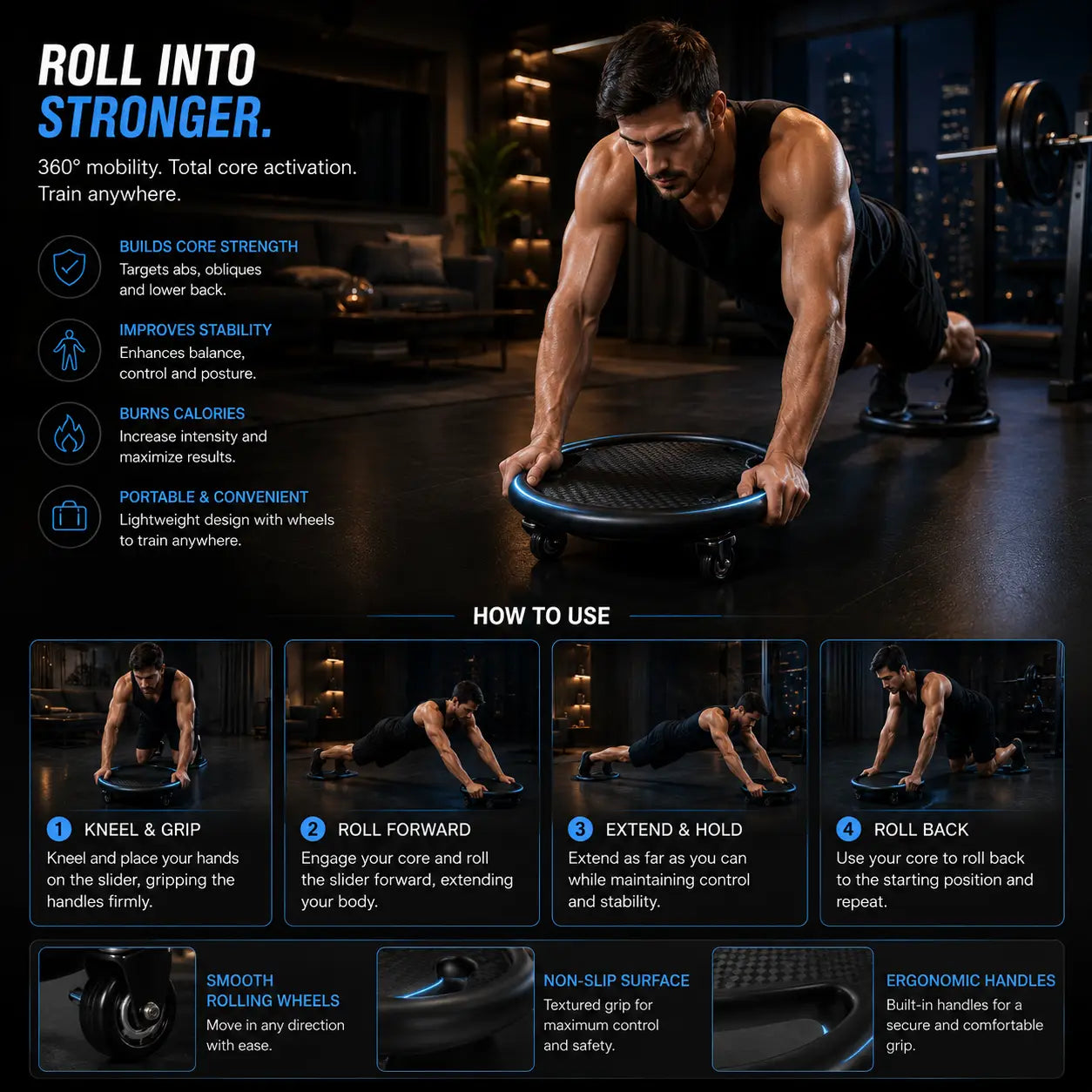 Abdominal Gliding Disc w/ Wheels for Core Strength Training Fortira Fitness