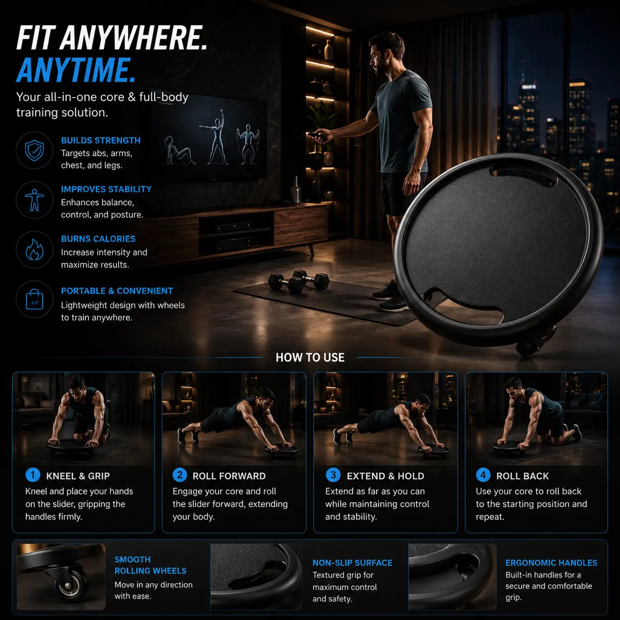 Abdominal Gliding Disc w/ Wheels for Core Strength Training Fortira Fitness