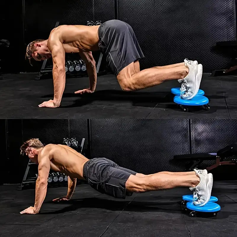 Man performing push-ups on a blue exercise device against a dark background