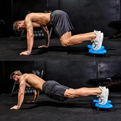 Man performing push-ups on a blue exercise device against a dark background