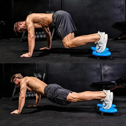 Man performing push-ups on a blue exercise device against a dark background