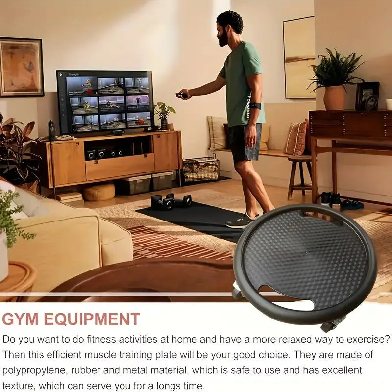 Man exercising with a home gym setup in a living room, featuring a TV and exercise equipment.