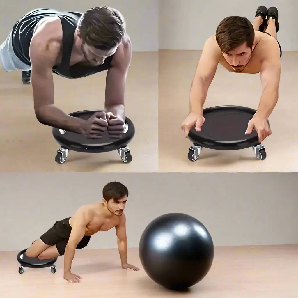 Person using a black exercise disc with wheels on a white background