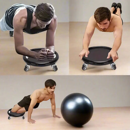 Person using a black exercise disc with wheels on a white background