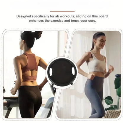 Woman using a core exercise board with text describing its benefits