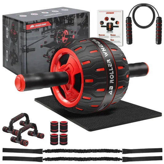 Ab roller wheel exercise kit with resistance bands, push-up bars, jump rope, and knee mat for core strength training and home workouts