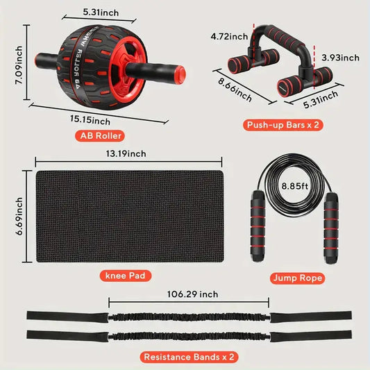 Dimensions chart of ab roller exercise kit including push-up bars, knee pad, resistance bands, and jump rope for home fitness training