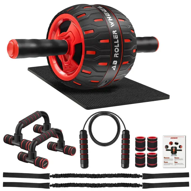 Complete ab roller exercise kit with knee pad, push-up bars, resistance bands, jump rope, and accessories for full-body home workout