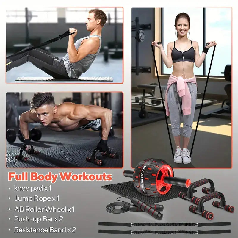 Full-body workout kit with ab roller, resistance bands, push-up bars, jump rope, and knee pad for strength training at home or gym