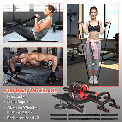 Full-body workout kit with ab roller, resistance bands, push-up bars, jump rope, and knee pad for strength training at home or gym