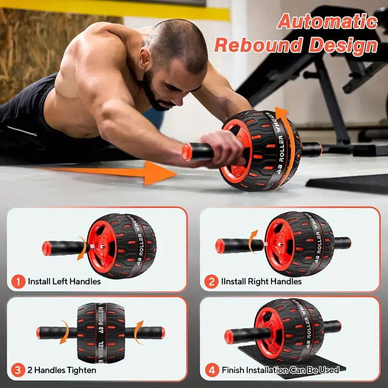 Ab roller wheel with automatic rebound design and step-by-step handle installation guide for effective core training and convenience