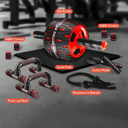 Ab roller fitness kit with push-up bars, resistance bands, jump rope, knee pad, and NBR covers for a full body home workout solution