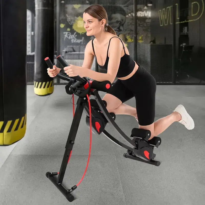 Woman exercising on a home fitness bike in a gym setting