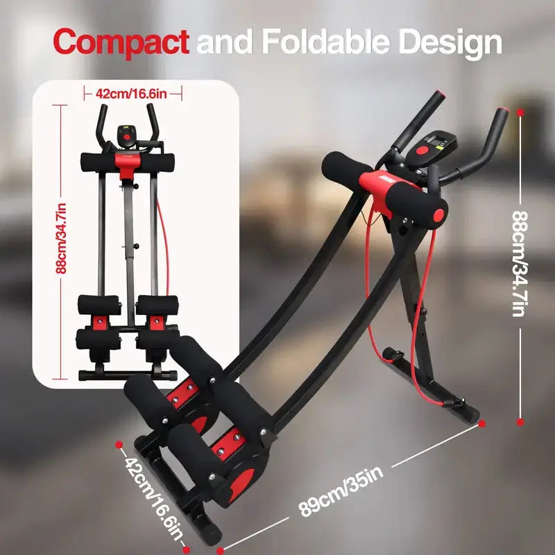 Foldable exercise machine with dimensions on a blurred background