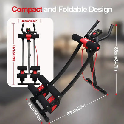 Foldable exercise machine with dimensions on a blurred background