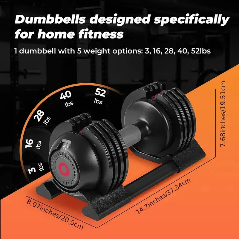 Adjustable dumbbell with 5 weight settings (3lb to 52lb) for home fitness – compact strength training solution for all fitness levels