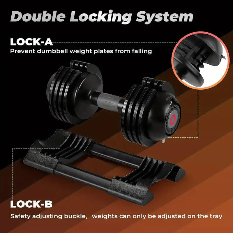 Adjustable dumbbell with double locking safety system – secure weight plates with tray-lock mechanism for safe home workouts