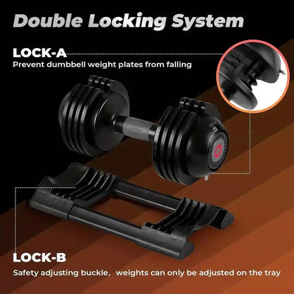 Adjustable dumbbell with double locking safety system – secure weight plates with tray-lock mechanism for safe home workouts