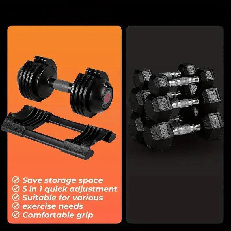Comparison of adjustable dumbbell with traditional dumbbells – space-saving, 5-in-1 quick adjustment, and comfortable grip for home fitness