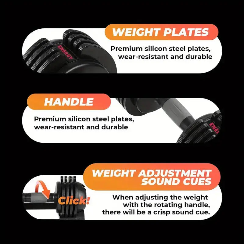 Adjustable dumbbell features durable silicon steel weight plates, ergonomic handle, and audible sound cues for precise weight adjustment