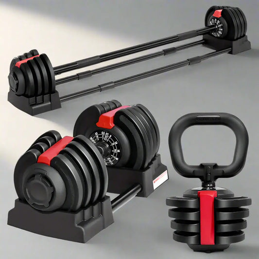 Adjustable dumbbell, barbell, and kettlebell weight set for home gym strength training with quick weight selection dial system