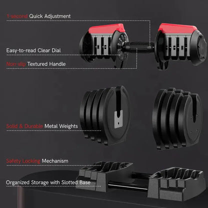 Adjustable dumbbell with quick adjustment dial, non-slip textured handle, solid metal weights, safety locking mechanism, and slotted base storage