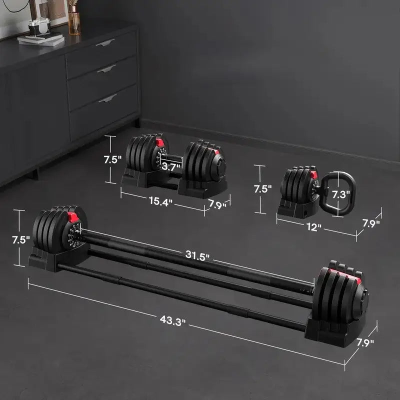 Adjustable dumbbell, barbell, and kettlebell set with detailed size dimensions for versatile home gym workout configurations