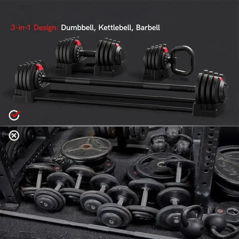 3-in-1 adjustable dumbbell, kettlebell, and barbell weight set compared with traditional gym weights for space-saving fitness solution