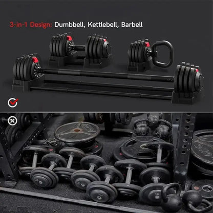 3-in-1 adjustable dumbbell, kettlebell, and barbell weight set compared with traditional gym weights for space-saving fitness solution