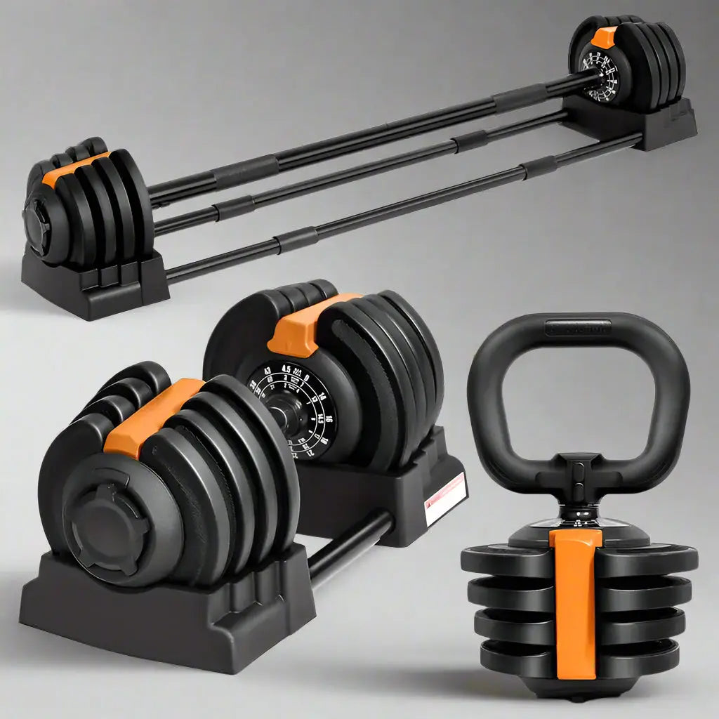3-in-1 adjustable weight set with orange accent – dumbbell, barbell, and kettlebell for full body strength training