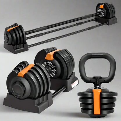 3-in-1 adjustable weight set with orange accent – dumbbell, barbell, and kettlebell for full body strength training