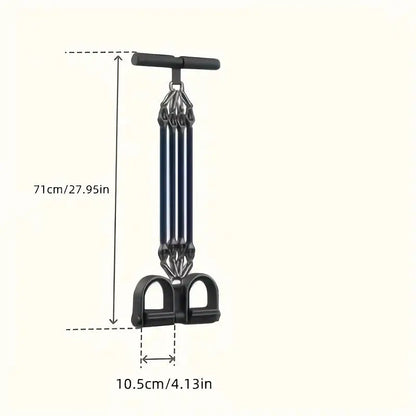 Full-length resistance band exercise puller with ergonomic foam handles and pedal footrests, showing dimensions of 71cm (27.95in) height and 10.5cm (4.13in) width for strength training and fitness workouts