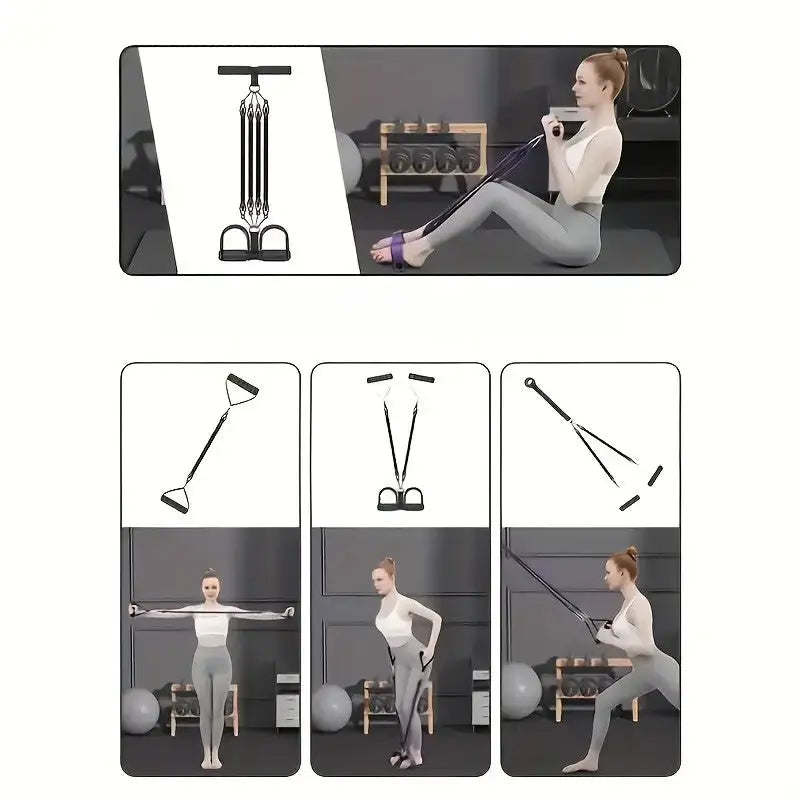 Woman demonstrating resistance band pedal exercise routines for full body workouts including seated pulls, arm stretches, triceps extensions, and lunges, using a fitness resistance puller with foam handles and foot pedals