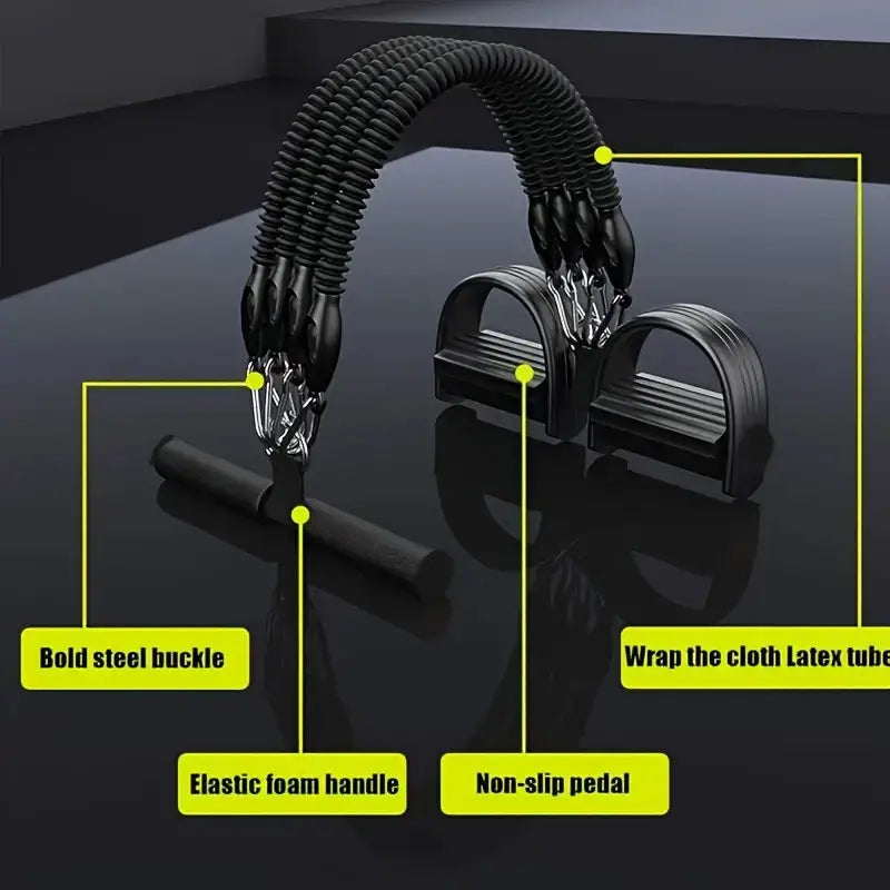 Close-up of resistance band pedal exerciser featuring labeled components including bold steel buckle, elastic foam handle, non-slip pedal, and latex-wrapped cloth tubing for enhanced durability and comfort during workouts