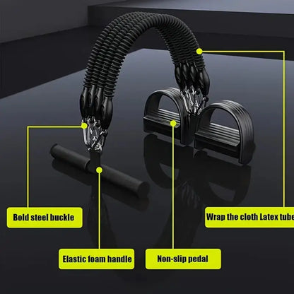 Close-up of resistance band pedal exerciser featuring labeled components including bold steel buckle, elastic foam handle, non-slip pedal, and latex-wrapped cloth tubing for enhanced durability and comfort during workouts