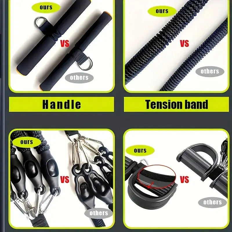 Comparison chart of resistance band pedal exerciser showing superior handle grip, durable tension bands, heavy-duty clips, and anti-slip pedal design versus standard alternatives