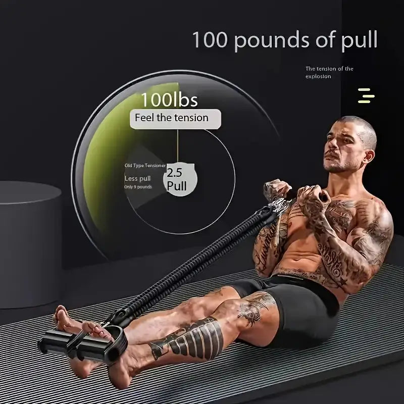 Man using resistance band pedal exerciser with 100 pounds of pull strength for full-body workout, showcasing high-tension training capability and enhanced muscle engagement