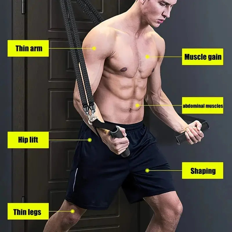Man using resistance bands for home workout targeting muscle gain, body shaping, abdominal muscles, and full-body toning including arms, legs, and hips