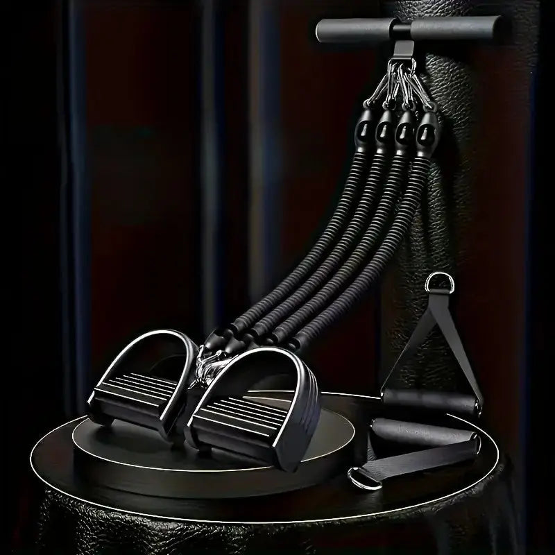 Heavy-duty resistance band set with non-slip foot pedals, foam handle, and door anchor for full-body home gym strength training and muscle toning