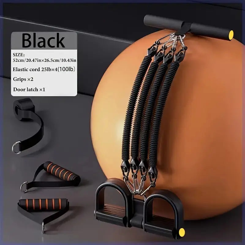 Black resistance band set with four 25lb elastic cords, foam grip handles, and door anchor—perfect for full-body home workouts, strength training, and muscle toning