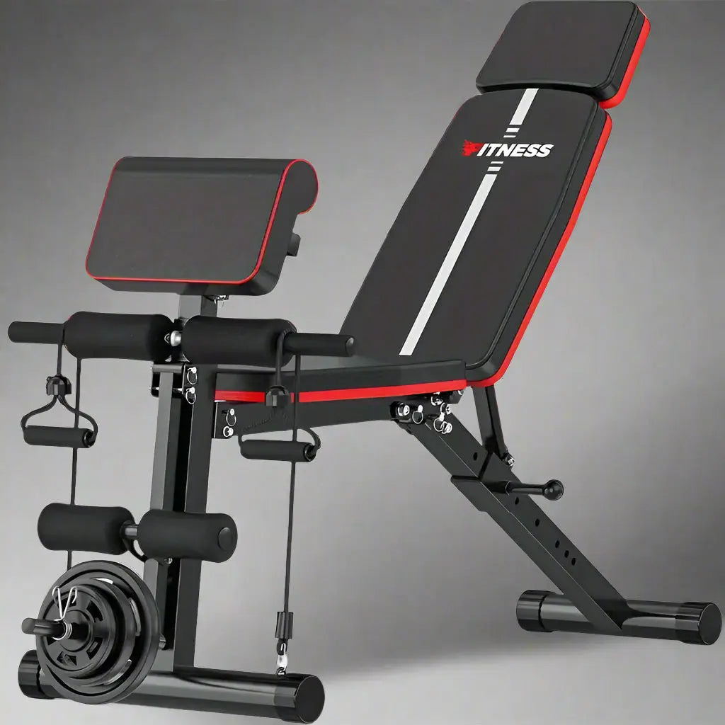Adjustable multifunction weight bench with preacher curl pad, resistance bands, and barbell holder—ideal for incline, decline, and flat strength training, sit-ups, and full-body home gym workout