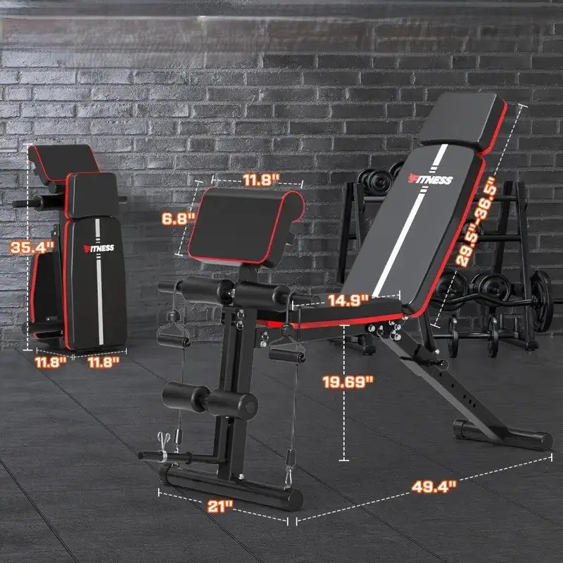 Foldable adjustable weight bench with detailed dimensions, preacher curl pad, resistance bands, and incline/decline settings for full-body home gym workouts
