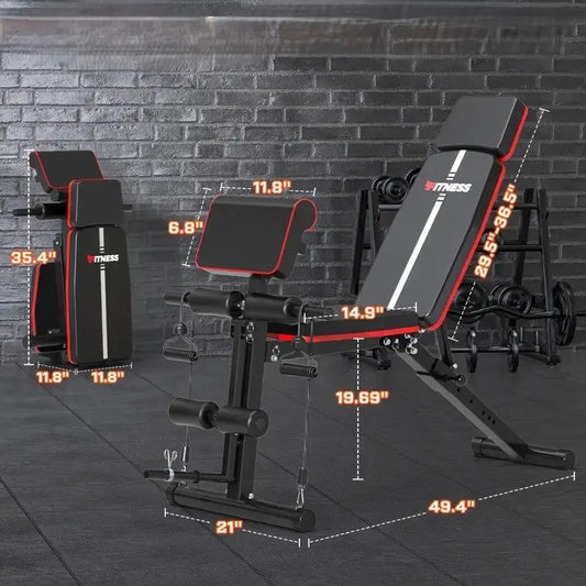 Foldable adjustable weight bench with detailed dimensions, preacher curl pad, resistance bands, and incline/decline settings for full-body home gym workouts